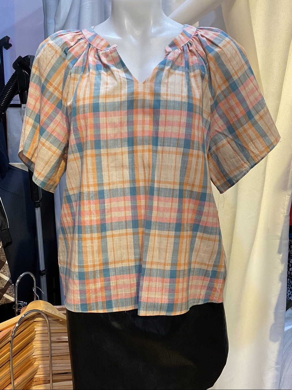 DREW Pastel Plaid Peasant Blouse in Pink, Blue & Cream